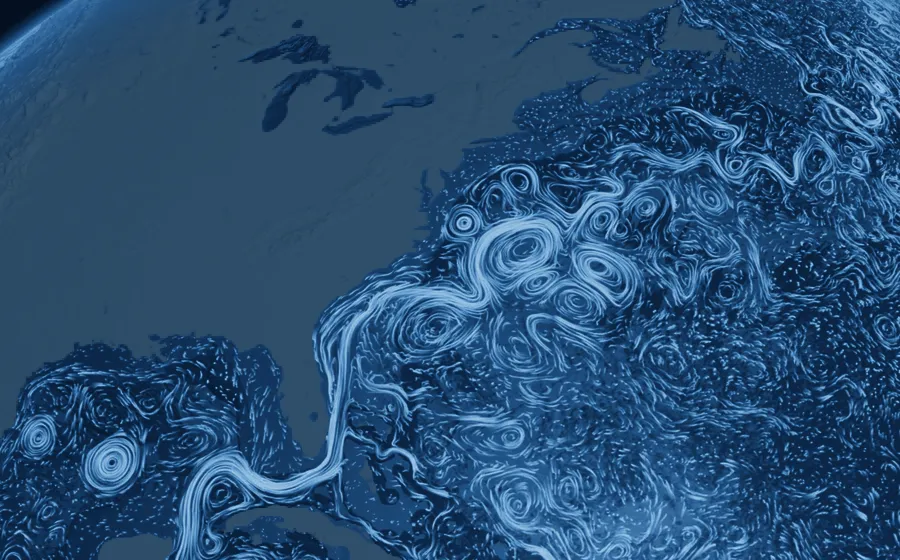 NASA visualization of ocean surface currents, the Gulf Stream curling off the U.S. East Coast in light blue and white