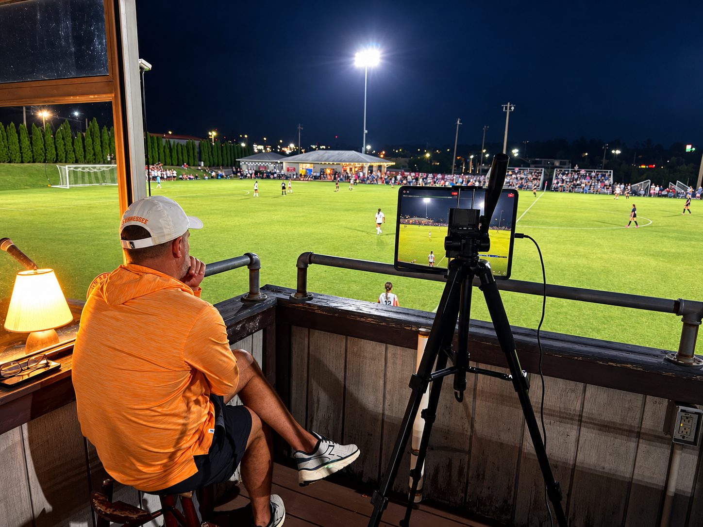 Night view from the Bearden press box: a tablet on a tripod streams the match live while a broadcaster watches play on the floodlit pitch below.