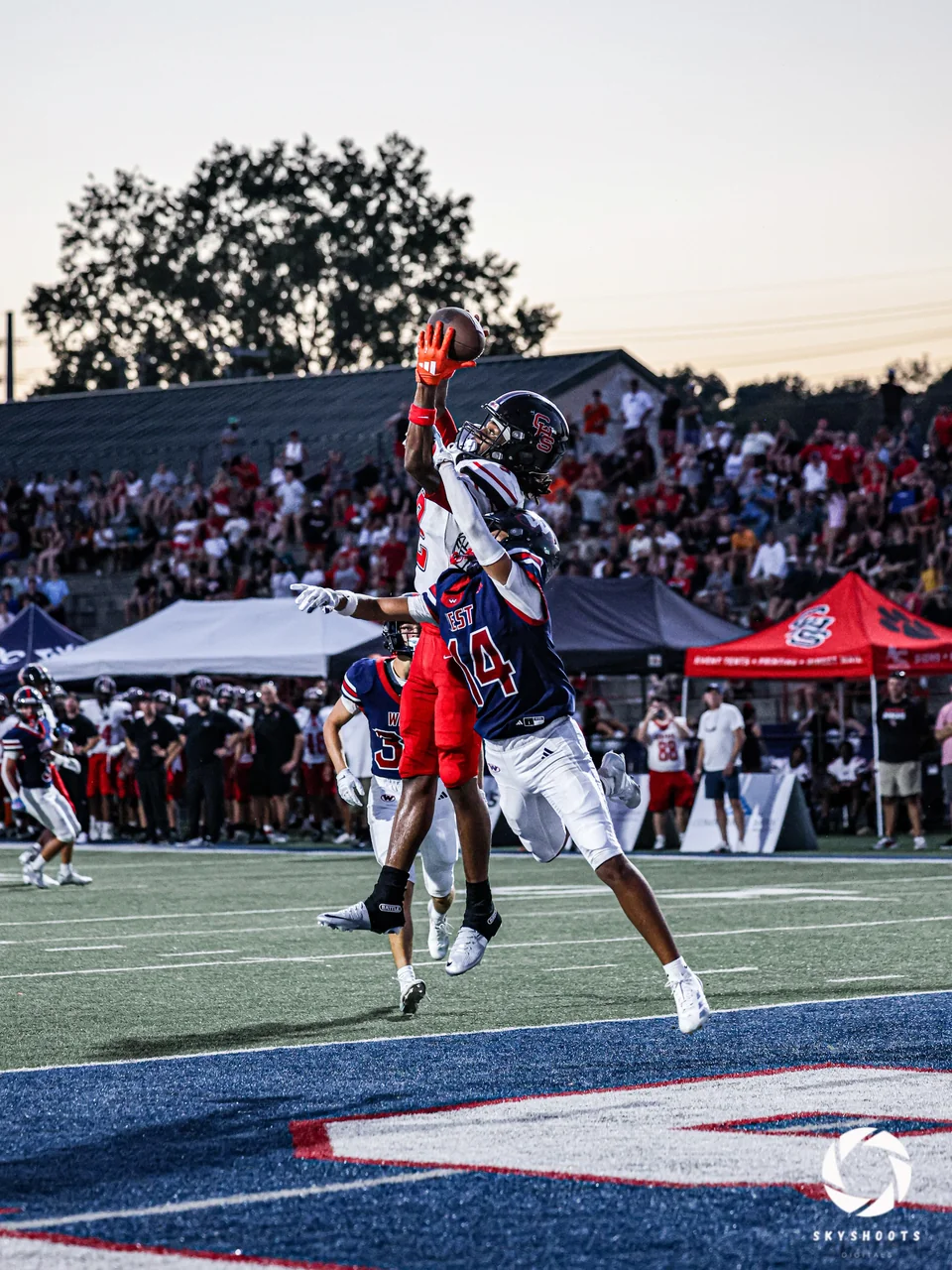 Two football players contest a catch near the end zone, with spectators behind them.