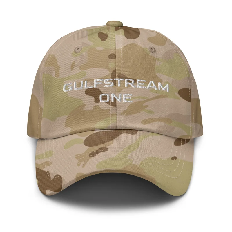 Camouflage cap with white Gulfstream One embroidery.