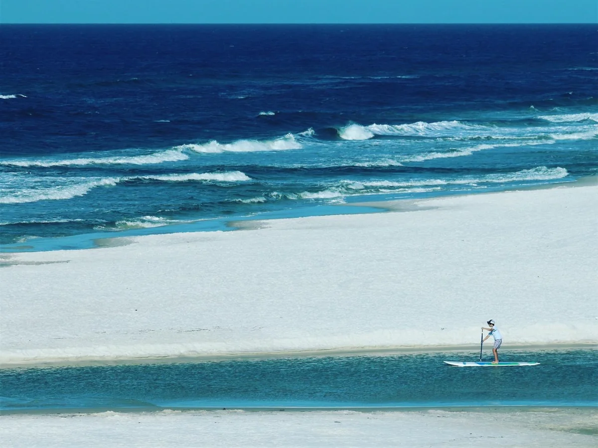 Stand-up paddleboarder beside a white-sand shoreline and blue ocean.