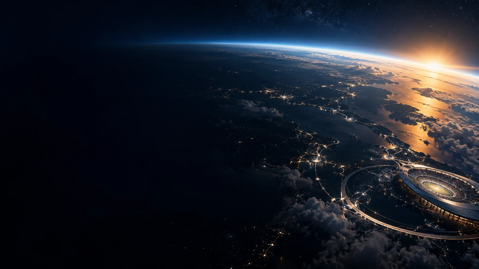 Original concept art of Earth’s horizon, a fictional stadium and an illuminated data network